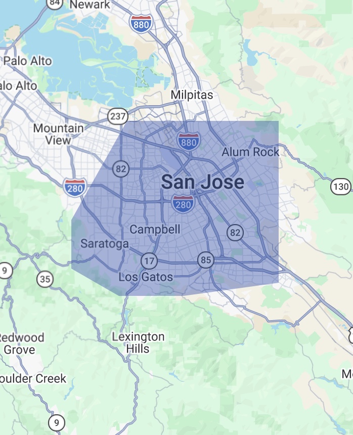 Map of the South Bay with Precision Wire Electric's service area shaded, covering San Jose, Milpitas, Campbell, Saratoga and Los Gatos.