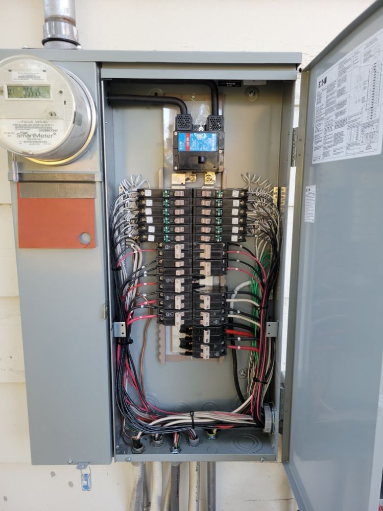 Main service panel with the meter at left, breakers labeled and conductors dressed cleanly to the bus.